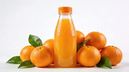Fresh orange juice in a clear plastic bottle with condensation stands among several ripe mandarin oranges and green leaves on a clean white background.