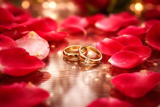 Elegant gold engagement rings resting on red rose petals, romantic marriage proposal concept.