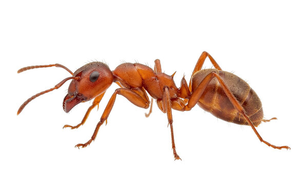 Detailed close up of a red ant showcasing its anatomy on transparent background