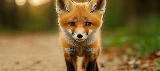 Fototapeta premium Charming red fox cub portrait in lush forest, exploring nature and showcasing wildlife innocence