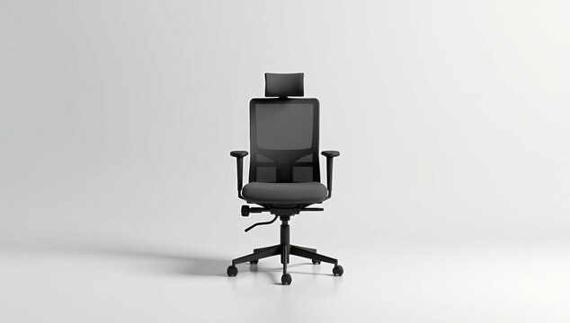 Maqueta de silla de oficina, respaldo de malla, fondo minimalista, vista frontal, plantilla para presentaci&oacute;n de marca de muebles corporativos