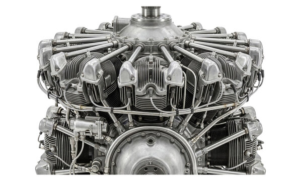 Detailed radial engine with exposed components on transparent background