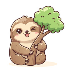 Fototapeta premium Cute Sloth Hugging a Tree Illustration in Isolated White Background