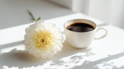 Obraz premium White Coffee Cup with Single Flower on White Table, Minimal Still Life