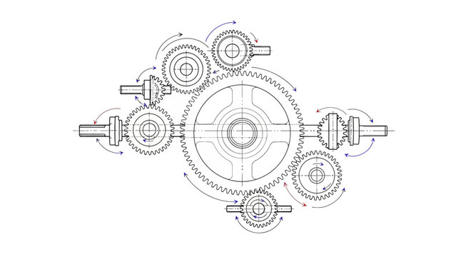 Technical Drawing of Mechanical Gear System Components.