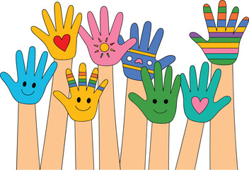 Colorful painted hands with hearts, rainbow stripes and smiling faces, diversity, unity, children creativity, joyful community concept