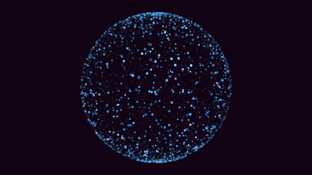 Glowing blue particle sphere rotating on dark background, abstract tech footage