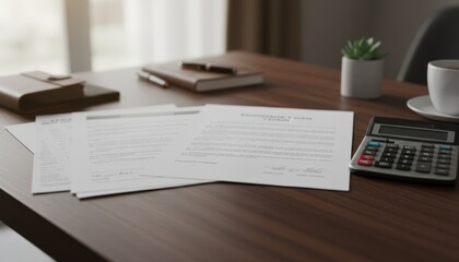 Obraz premium Close medium shot of mortgage loan documents on a desk alongside financial proofs and calculator main objects sharp with surrounding desk items softly blurred.