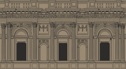 Naklejka premium Ornate Building Facade, Vintage Architectural Details, Brown Stone Exterior, Classic Wall Design