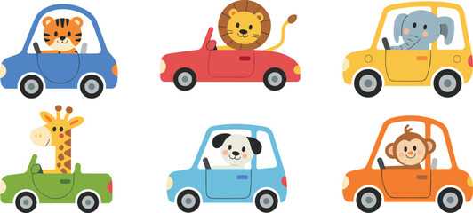 Cute cartoon animals driving colorful cars, kids transportation illustration, playful wildlife characters, nursery design, children learning concept