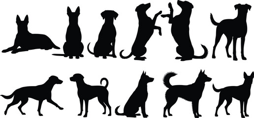Dog silhouettes collection different dog poses sitting standing playing pet animal black silhouette isolated on white background illustration © Mdmostakim
