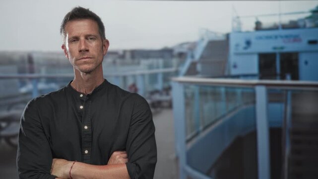 Man with arms crossed on cruise deck near glass railing, stern expression and folded forearms visible; quiet determination.