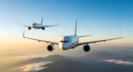 Obraz premium Two commercial airplanes flying over mountain landscape at sunrise or sunset