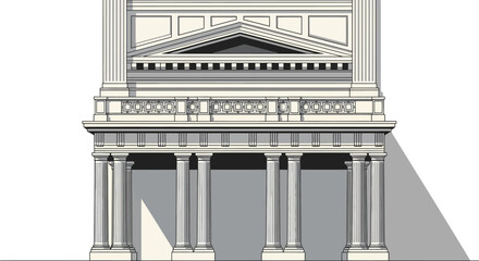 Fototapeta premium Gray ancient temple facade, neoclassical architecture, columns and pediment, building illustration, eps vector