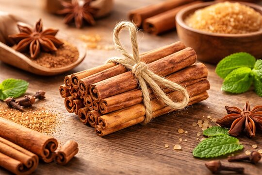 Aromatic baking ingredients. Cinnamon bark bundle, brown sugar, star anise and fresh mint leaves on rustic wood.
