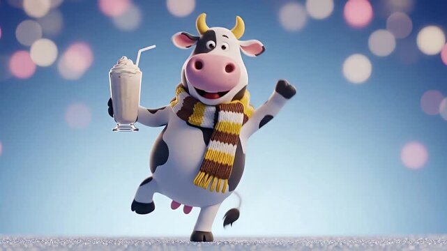 A cheerful cow in a scarf holds a milkshake on a sparkly surface with a bokeh background.