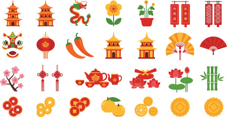 Fototapeta premium Chinese New Year Icon Set Featuring Lanterns, Dragons, Pagodas, Flowers, and Traditional Symbols for Cultural and Holiday Designs