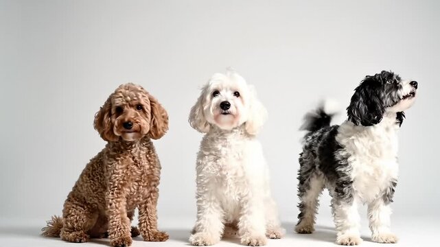Three Adorable Poodle Mix Dogs Posing Together on a White Background