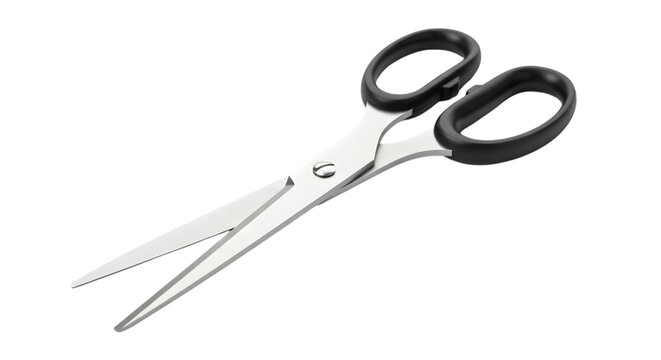 A pair of sharp silver scissors with black handles on a black background