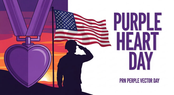 Purple heart day vector graphic with american flag soldier saluting and purple heart medal at sunset