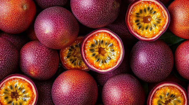 Vibrant Fresh Passion Fruits Whole and Halved Showcasing Their Yellow Seed Pulp and Texture