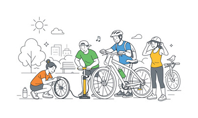 Obraz premium A group of friends preparing bicycles before a weekend ride through the city park, gathered around a large bicycle and a simple air pump that symbolize active lifestyle, outdoor recreation