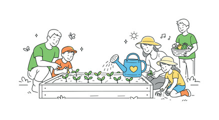 Naklejka premium A family spending a peaceful weekend growing vegetables together and learning practical gardening habits in their backyard space, visual metaphor of a large raised garden bed with young
