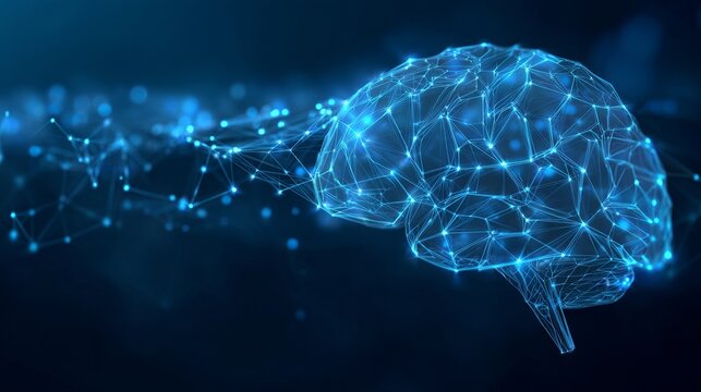 Machine learning evolution with digital brains transforming from simple to complex, showing artificial intelligence, large language models, deep learning, and advanced AI in blue tones