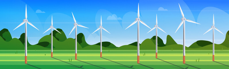 Wind turbine farm summer wide panorama landscape. Clean electric energy concept. Vector Not AI generated ©  HourGlass
