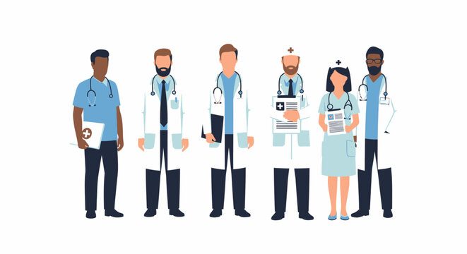 Group of Diverse Medical Professionals Standing Together on White Background