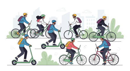 Fototapeta premium Diverse individuals actively commute and enjoy urban life, utilizing eco-friendly bicycles and modern electric scooters within a vibrant city setting.