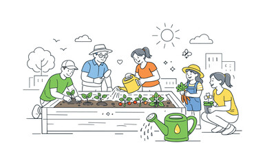 Fototapeta premium A small group of residents transforming a neglected urban corner into a vibrant community garden where people cooperate to grow vegetables and flowers together, visual metaphor of a large
