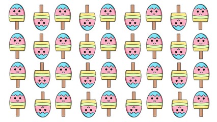 Fototapeta premium Seamless pattern of cute smiling popsicle characters in pastel colors on a white background.