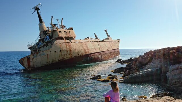 Young woman sitting on rocks, enjoying the coastal view of the rusty Edro III shipwreck washed ashore near Paphos, Cyprus, with clear blue sky and turquoise Mediterranean Sea