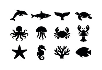Fototapeta premium Marine sea life: dolphin jumping, shark side view, whale tail fluke, sea turtle swimming, octopus with tentacles, jellyfish bell shape, crab with claws, lobster silhouette, starfish five