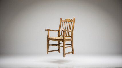 Timeless wooden chair suspended elegantly against a plain backdrop