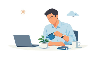 A mindful daily routine where a professional takes a short pause to restore mental focus and maintain healthy productivity habits, representing workplace wellness and sustainable performance