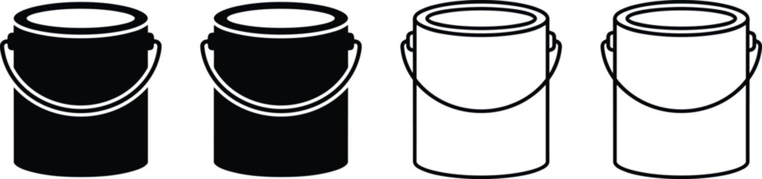 Paint bucket icon set with handle construction tool container silhouette and outline illustration isolated black vector design