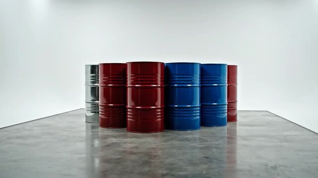 Several steel barrels stacked in pyramid formation showing motion effect on polished surface with white background dynamic background footage