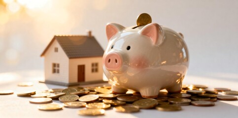 Piggy Bank and House with Coins for Savings