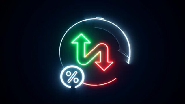 glowing neon Percentage growth and decline icon with up and down arrows. financial, business, and statistical analysis. Up and down percentage arrows icon. Perfect for reports and dashboards.