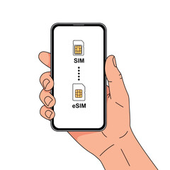 Vector illustration of hand holding smartphone with sim and esim card icons on screen