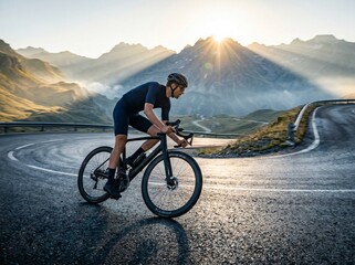 Fototapeta premium Cyclist riding a road bike on a winding mountain road during sunrise, wearing helmet and sportswear, active lifestyle, clear sky, scenic landscape