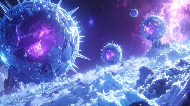 sfere di ghiaccio ricoperte di punte, mentre iniziano a fluttuare sopra la superficie rocciosa e ghiacciata di un pianeta in un ambiente spaziale di fantasia, mentre emanano delle scariche elettriche