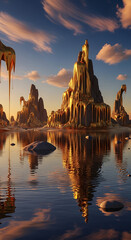 Fototapeta premium Golden fantasy castle reflecting in calm water at sunset.