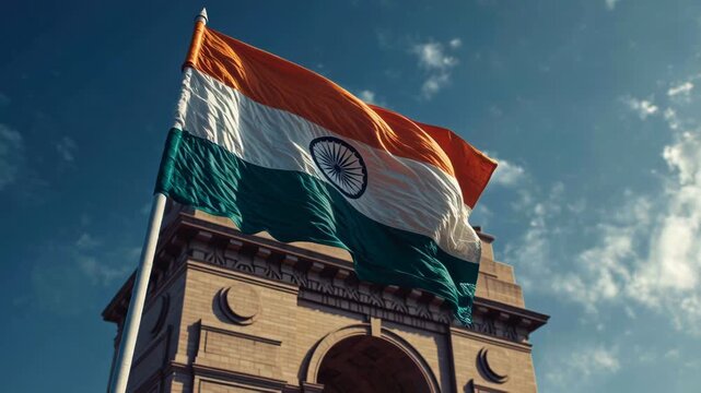 Indian national flag waving above historic stone monument under blue sky.