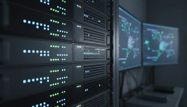Closeup on a server rack panel with activity indicators lit softfocused digital network topology displayed on wall screens in a blockchain trial lab.