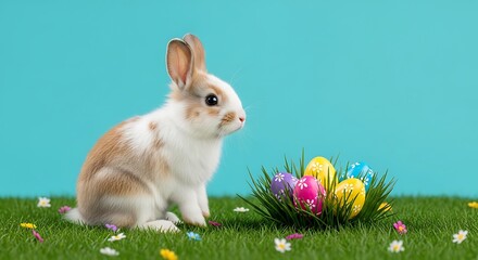 Fototapeta premium A white and brown bunny sitting next to colorful flowers