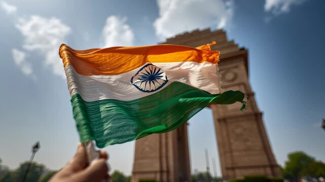 Indian national flag waving in front of India Gate monument in New Delhi under a blue sky.