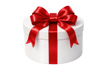 White round gift box with shiny red satin ribbon bow, isolated on white
